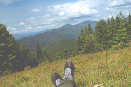 Tourism.. Solo hikes in the mountains. Active Leisureの写真素材