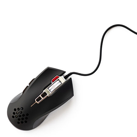 Black computer mouse close-up on a white background. Professional gaming wired mouse isolated on a white backgroundの写真素材