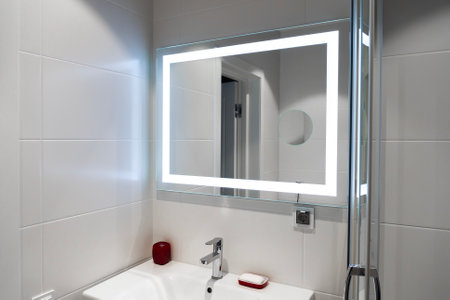 Interior. Rectangular mirror with lighting in a white bathroom.の写真素材