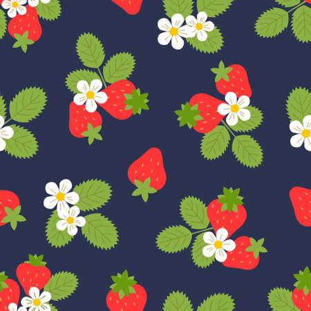 Seamless pattern with red strawberries, green leaves, white flowers. Vector color illustration in flat style in the dark background.のイラスト素材