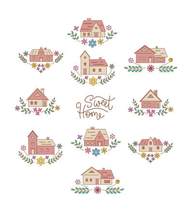 Set of country houses decorated with floral ornamentsのイラスト素材