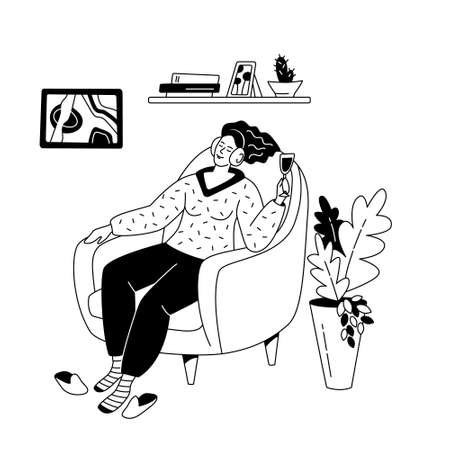 Woman sits at a table with headphones and records a podcast. vector color illustrationのイラスト素材