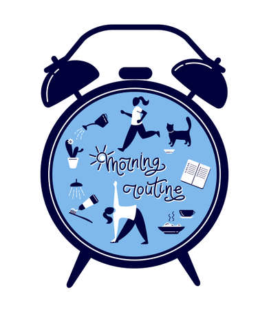Morning routine lettering composition in alarm clock.のイラスト素材