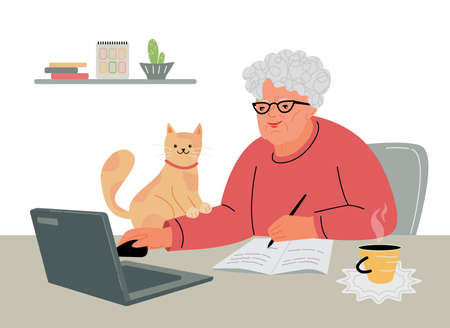 Senior woman sits at the table using her laptop and writes in a notebook. Cute cat is next to the lady.のイラスト素材