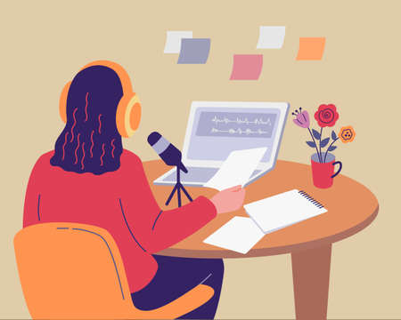 Woman sits at a table with headphones and records a podcast. vector color illustrationのイラスト素材