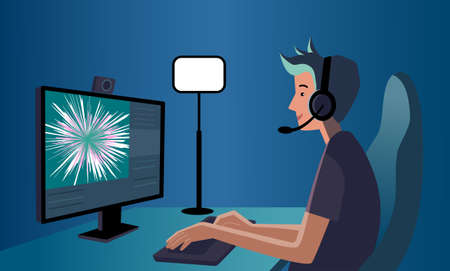 Woman sits at a table with headphones and records a podcast. vector color illustrationのイラスト素材