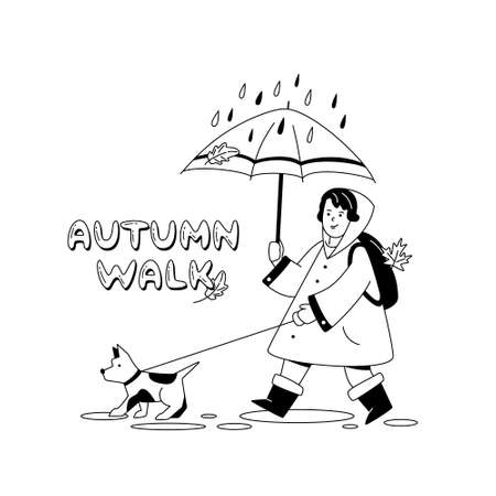 Girl is walking the dog on a leash under the umbrella. Autumn Walk lettering. Doodling black and white vector illustration in line art style.のイラスト素材