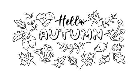 Hello autumn lettering. Doodling vector black and white illustration in outline style with maple and oak leaves, acorns, mushrooms.のイラスト素材
