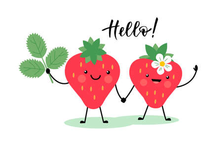 Two cute strawberries in kawaii style holds hands. Vector isolated color illustration on white background in flat style.のイラスト素材