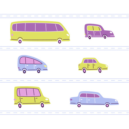 Set of cartoon cars and bus on white background. Color vector illustration in outline style.のイラスト素材