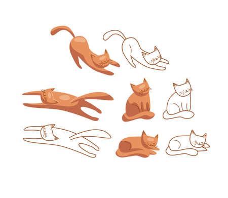 Set of red cats in outline and flat style. Vector isolated color illustration on white background.のイラスト素材