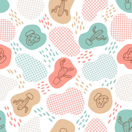 Seamless pattern with cactus in line art style. Color spot, plaid and drops are additional elements....