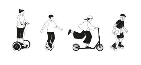 People go in for outdoor eco friendly sport activity roller skating, electric scooter, monocycle. Set of isolated black and white cartoon character icon in line art style.のイラスト素材