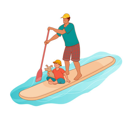 Standing man with boy is paddling with paddle board on the water. Sup boarding outdoor activity. Vector isolated colorful illustration in outline style.のイラスト素材