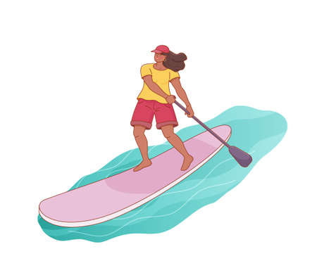Standing cartoon cheerful woman is paddling with paddle board on the water. Sup boarding outdoor activity. Vector isolated colorful illustration in outline style.のイラスト素材