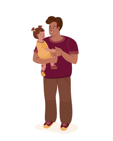 Father holds the little daughter. Vector color flat illustration with characters in cartoon style on the white backgroundのイラスト素材