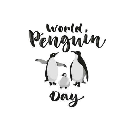 Vector black and white isolated illustration with lettering World Penguin Day and penguin family in cartoon style .のイラスト素材