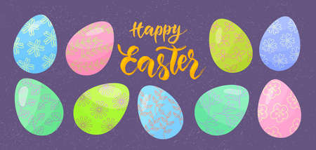 Happy Easter lettering with eggs decorated with flower pattern. Vector colorful illustration in flat style on dark textured backgroundのイラスト素材