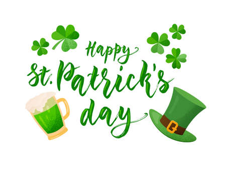 Happy St Patrick's day design with lettering, hat, clover, green beer mug. Vector color isolated illustration with texture on white background.のイラスト素材