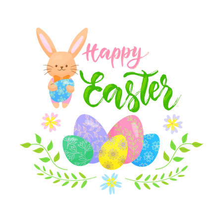 Happy Easter lettering poster decorated with eggs, bunny, flowers. Vector isolated colorful illustration in flat style.のイラスト素材
