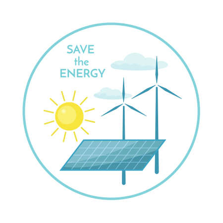 Poster with the picture of solar panels, sun, wind turbines and clouds. Vector isolated color illustration of conceptual idea of energy savingのイラスト素材