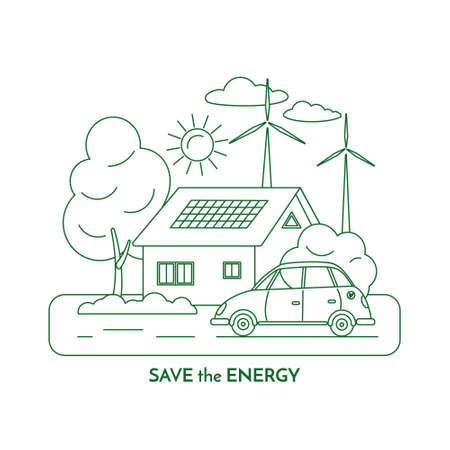 Landscape with solar panels on the roof of the house, wind turbines and an electric car. Vector isolated illustration of conceptual idea of energy saving in line art style on white background.のイラスト素材