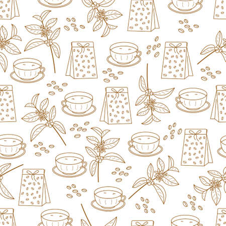 Vector monochrome seamless pattern in line art style on the white background with a cup, coffee beans, packaging and a branch of a coffee tree.のイラスト素材