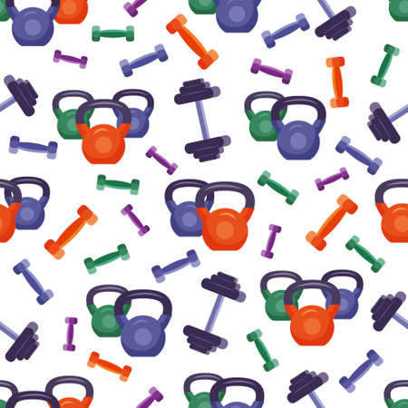 Colorful seamless pattern of kettlebells and dumbbells in white background. Vector illustration in flat style.のイラスト素材