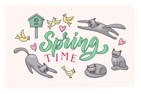 Spring time lettering design with cats, birds, birdhouse, hearts. Vector colorful illustration in flat style with outline.のイラスト素材