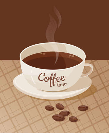 Vector monochrome illustration with a cup of coffee and coffee beans on the table.のイラスト素材