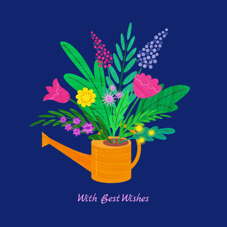 Card design with colored spring flowers in the watering can on the blue dark background . Vector flat isolated illustration with brush texture.のイラスト素材