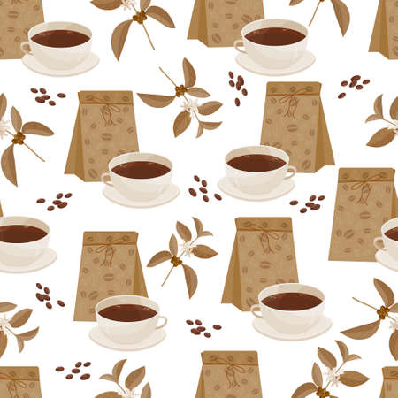 Vector monochrome seamless pattern in flat style on the dark backgrounds with a cup, coffee beans, packaging and a branch of a coffee tree.のイラスト素材