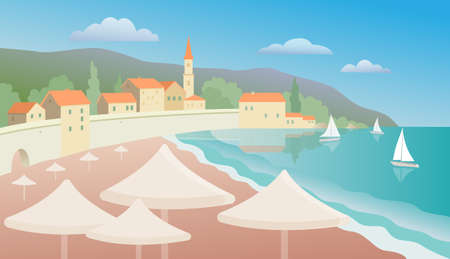 Sea view with yachts, houses and Beach umbrella. Landscape color illustration with gradients.のイラスト素材