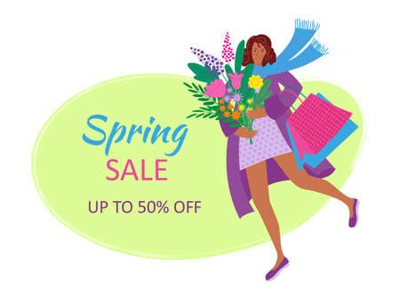 Spring sale banner with cute smiling shopaholic woman with the shopping bags and flowers. Colorful cartoon vector isolated illustration in flat style with texture.のイラスト素材