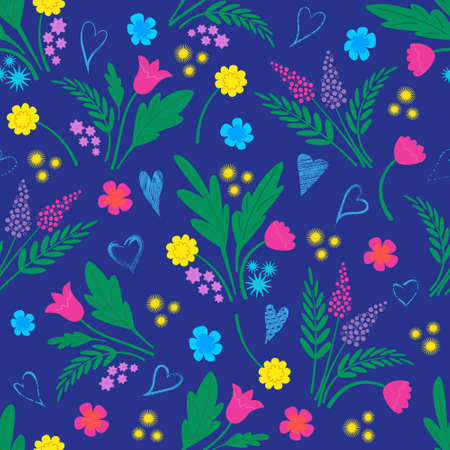 Seamless colorful floral pattern on the dark blue background.Vector illustration in flat style.