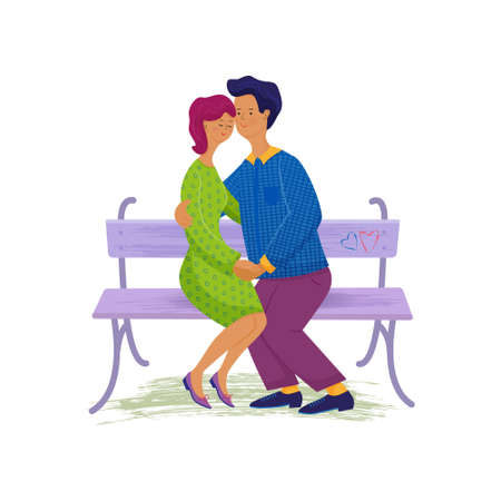 Man and woman in love are sitting on a bench.Man embraces the woman gently. Vector isolated illustration with texture in cartoon style. Characters for the feast of Saint Valentine.のイラスト素材