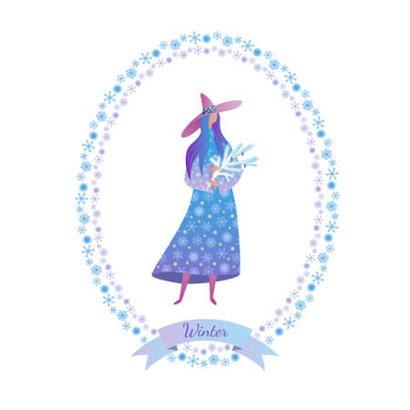 Cartoon vector illustration of Winter fairy in frame of snowflakes with type Winter. Tender girl in a blue dress holds a pine branchのイラスト素材