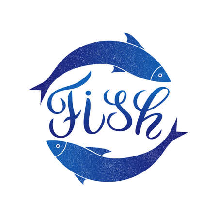 Blue  two fish and script lettering. Vector illustration in flat style with grainy texture, and gradient.のイラスト素材
