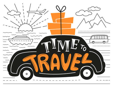 Time to Travel lettering. White, black and orange vector textured illustration on the white background.のイラスト素材