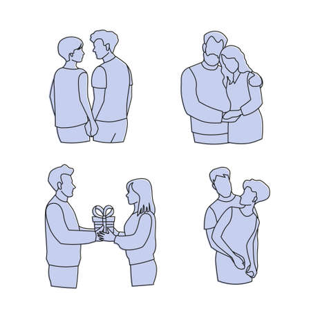 Set of four traditional couples in love.Men and women are in a happy relationship. Monochrome outline vector illustration in blue color.Effect of offset printのイラスト素材