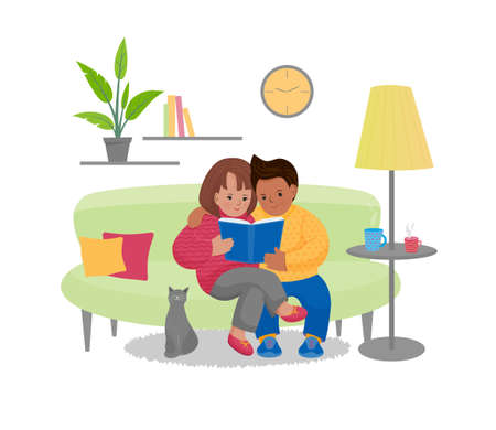 Girl and boy read the book seating on the sofa at home.Cartoon colorful vector illustration in flat styleのイラスト素材