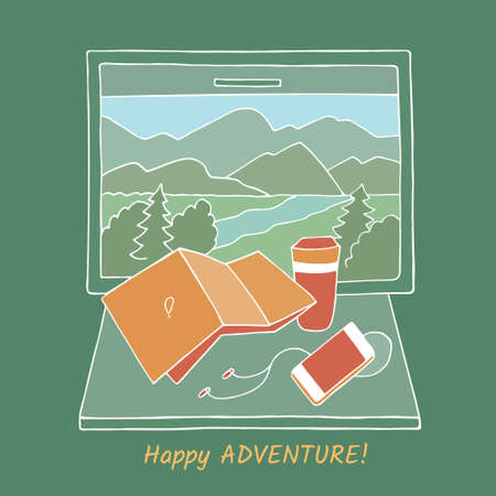 Colorful hand drawn vector illustration with texture.Window in the train and the table with map, cup, smartphone, headphones.Mountain landscape with trees is outside the window.のイラスト素材