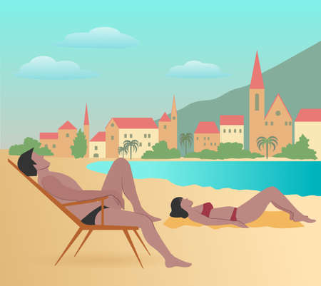 Man and woman are resting in on the shore of the bay against the background of the old city. Vector illustration.のイラスト素材