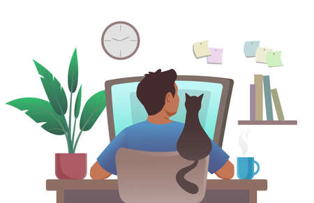 Man works at a computer at his workplace.The cat sits on the back of the chair next to the man and looks at the computer screen. Cartoon vector illustration in flat style on the white background.のイラスト素材