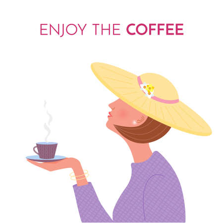Poster with pretty graceful woman in hat holding the cup of hot coffee.Vector illustration with texture in white background.のイラスト素材