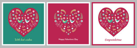 Set of three greeting cards with heart filled with elements in folklore style: flowers, birds, stars. Vector colorful illustration.のイラスト素材