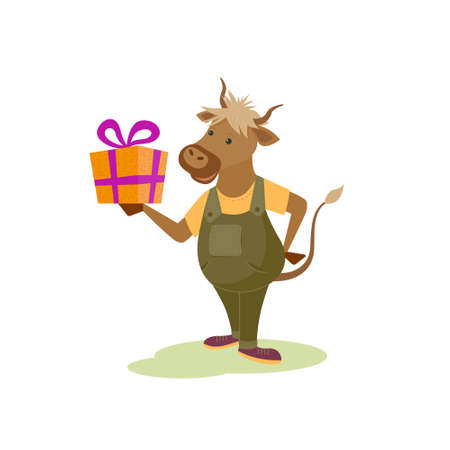 Cute cartoon bull in anthropomorphic style holds a gift box with bow.Vector isolated colorful illustration.のイラスト素材