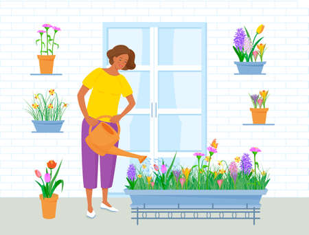 Pretty woman is watering the spring flowers.Vector colorful illustration in cartoon and flat style with texture.のイラスト素材