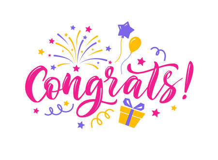 Congrats colorful lettering composition with fireworks, balloons, stars.のイラスト素材
