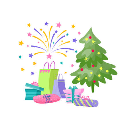 Greeting card with Christmas tree, gift boxes, fireworks.のイラスト素材